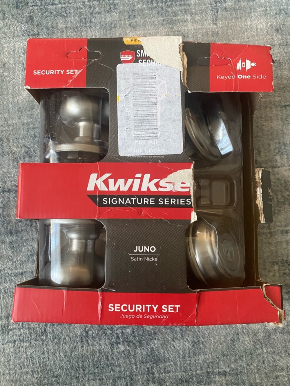 Kwikset Juno Satin Nickel smartkey door knob single cylinder deadbolt set